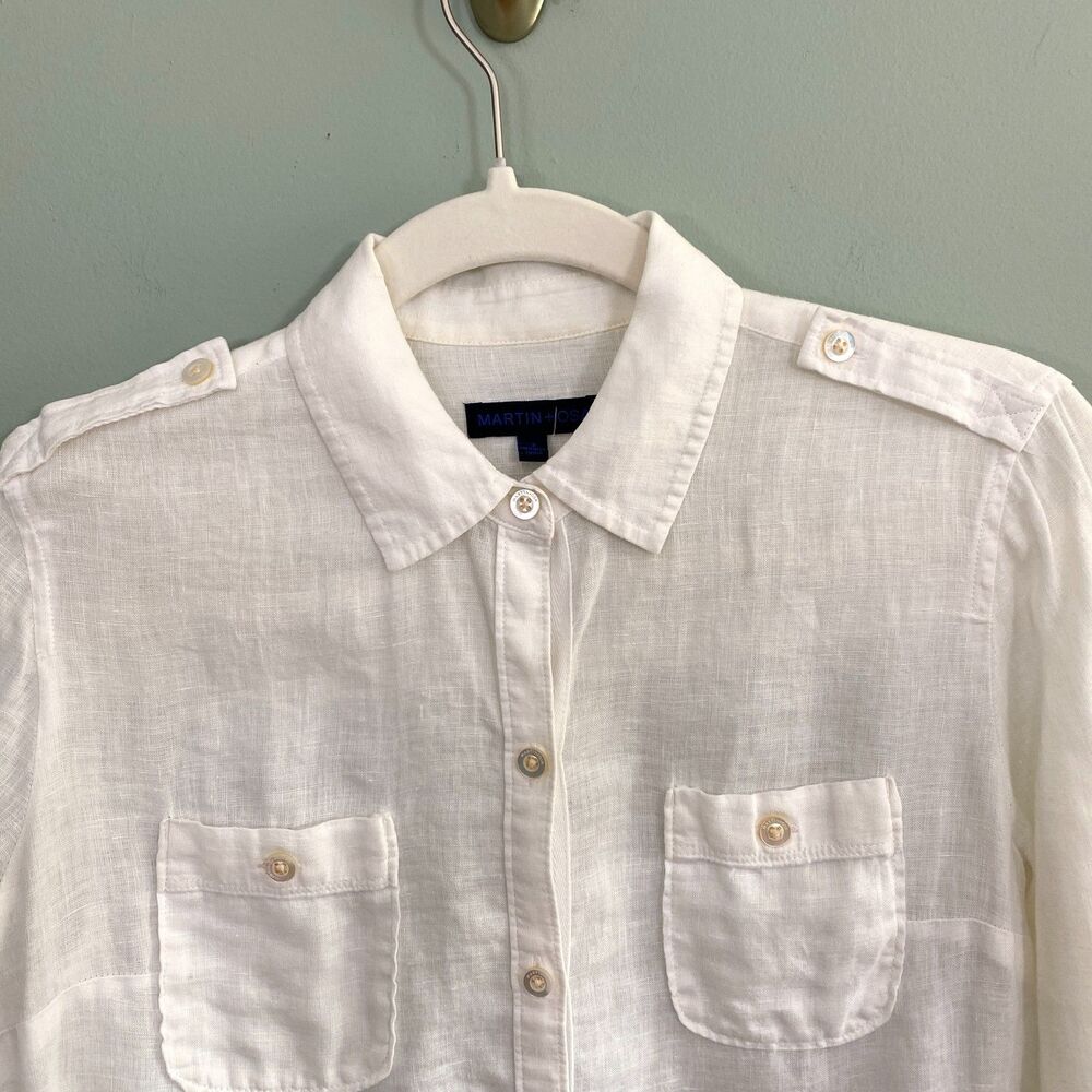 Martin & Osa Linen Shirt Button Up Roll Tab Sleeve Womens 2 White Military - Picture 2 of 14